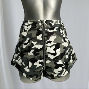 Camo High-Rise Zip Front Jean Shorts - Black/Gray Camo